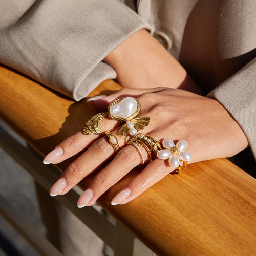 Kika Classic Imitation Pearl Ginkgo Leaf Opening Ring For Women 18K Gold Plated Stainless Steel