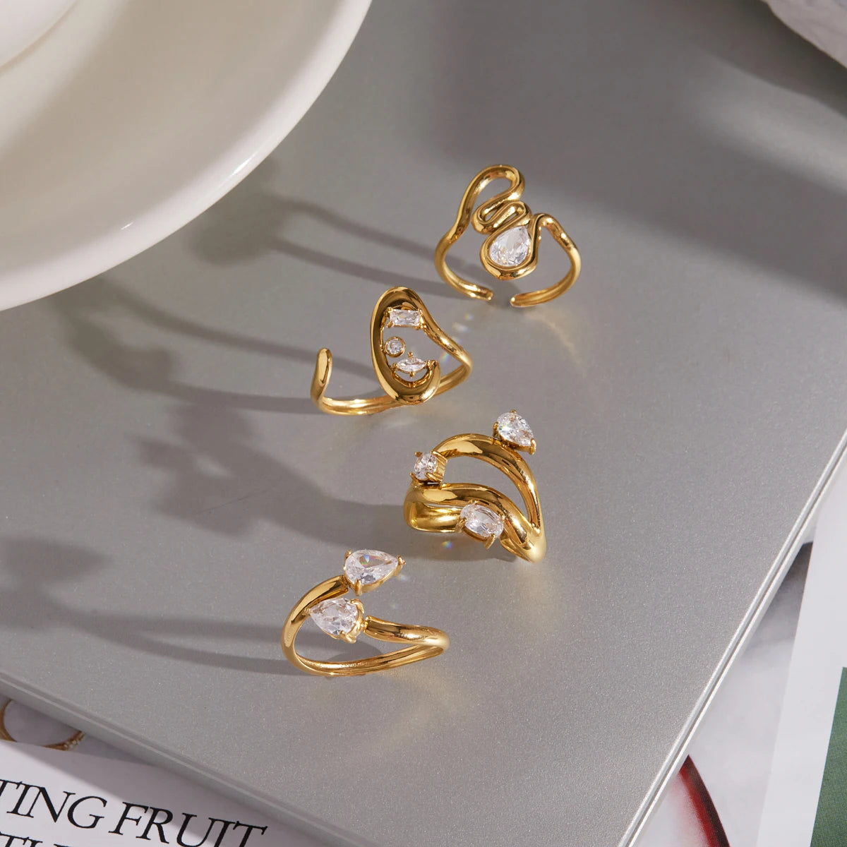 KIKA Delicate Zircon Geometric Open Rings 18K Gold PVD Plated Stainless Steel 316L