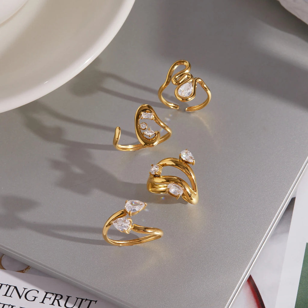 KIKA Delicate Zircon Geometric Open Rings 18K Gold PVD Plated Stainless Steel 316L