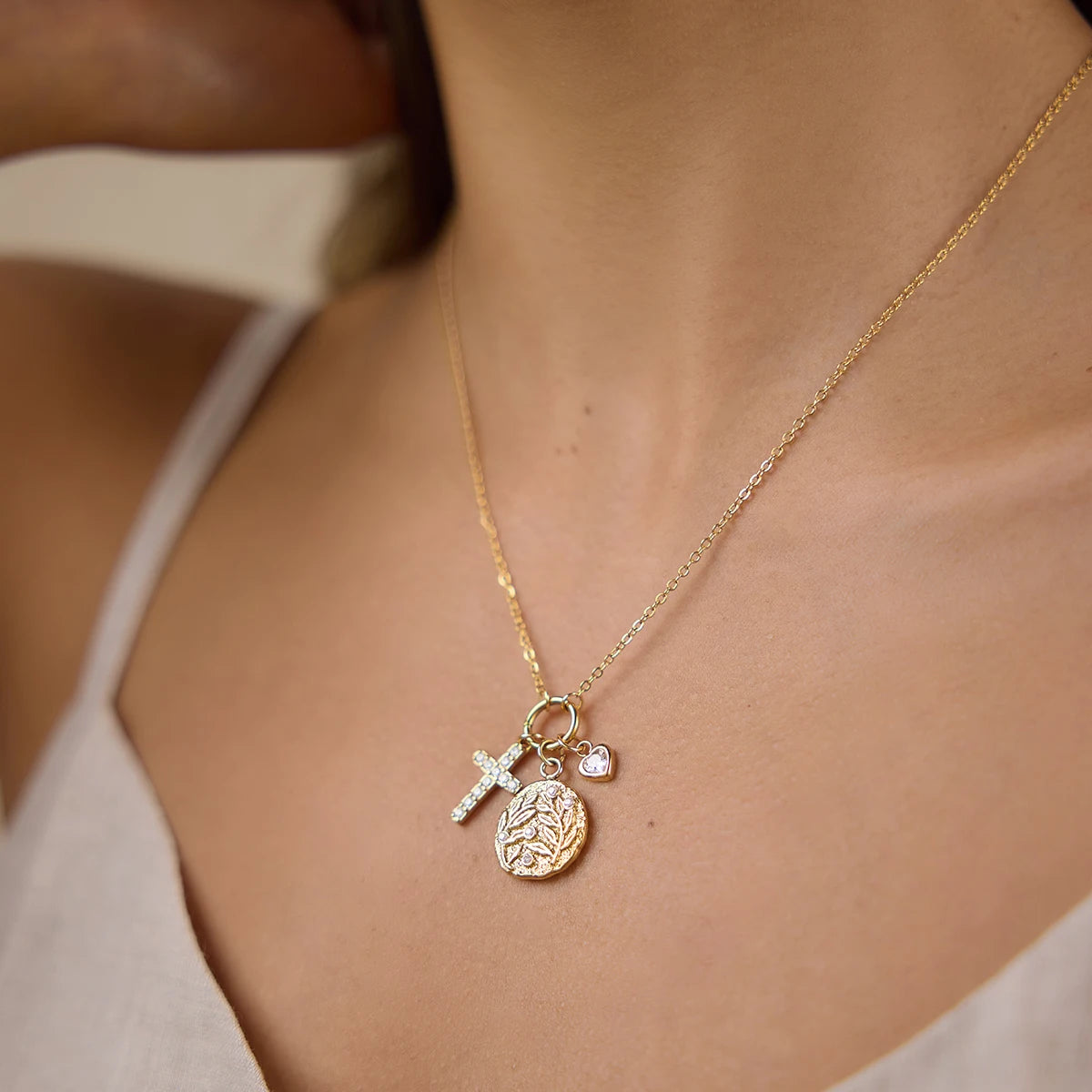 Kika Classic Zircon Cross Heart Coin Pendant Necklace