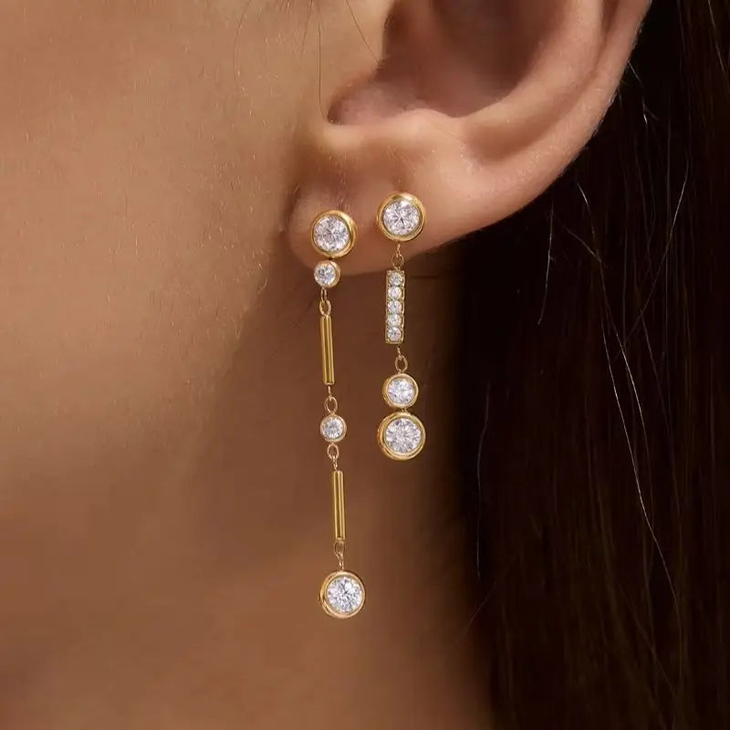 KIKA Elegant Geometric Zircon Long Drop Earrings 18K Gold Plated Stainless Steel 316L