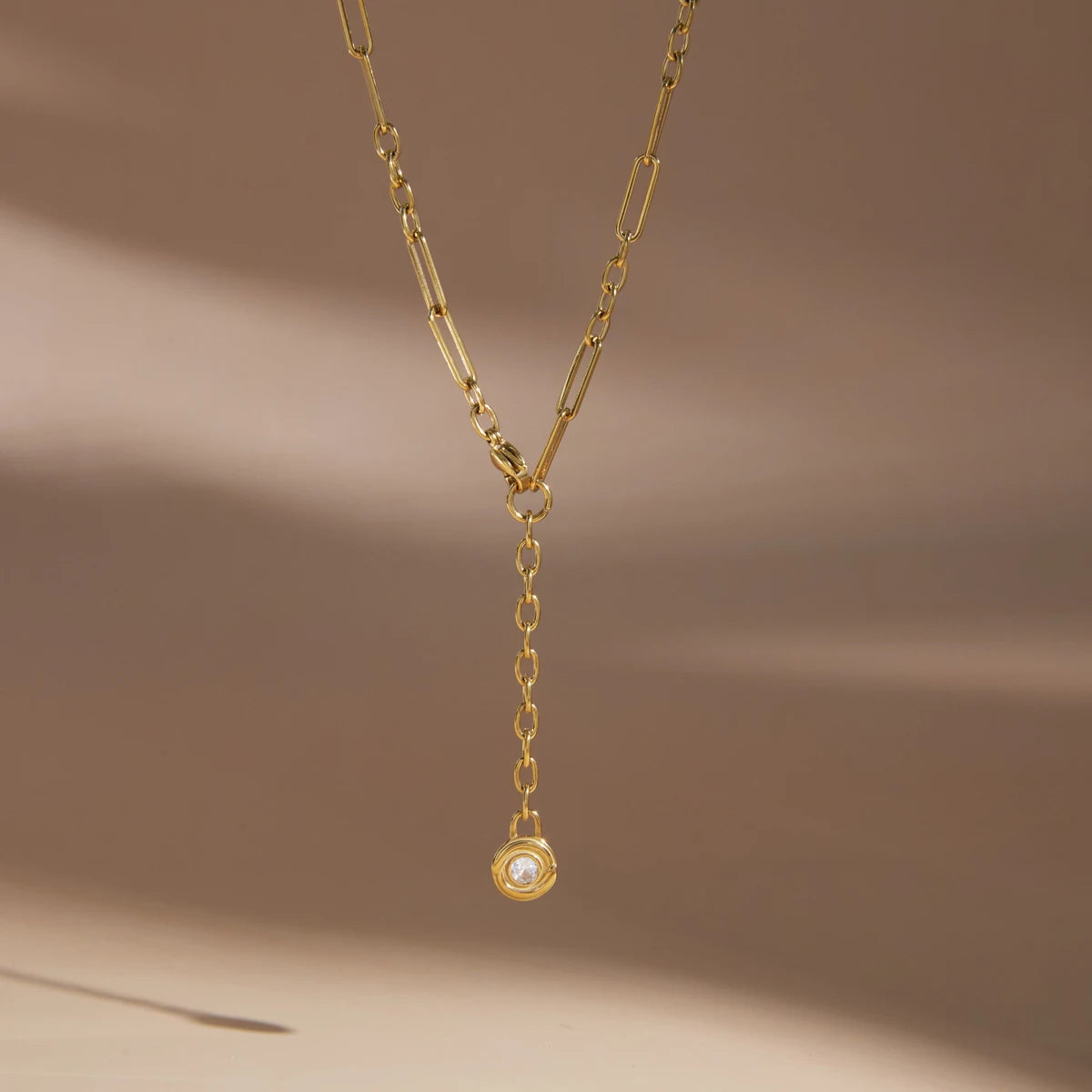 Kika Round Zircon Lock Pendant Y Shape Chain Necklace