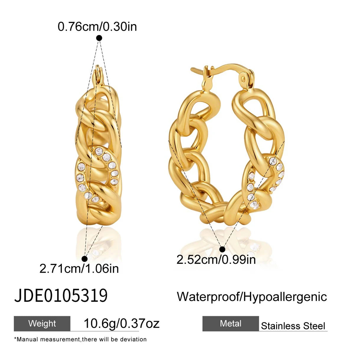 Kika Punk Cuban Chain Shape Clip Earrings Minimalist 18K Gold Plated Stainless Steel Earrings 316L