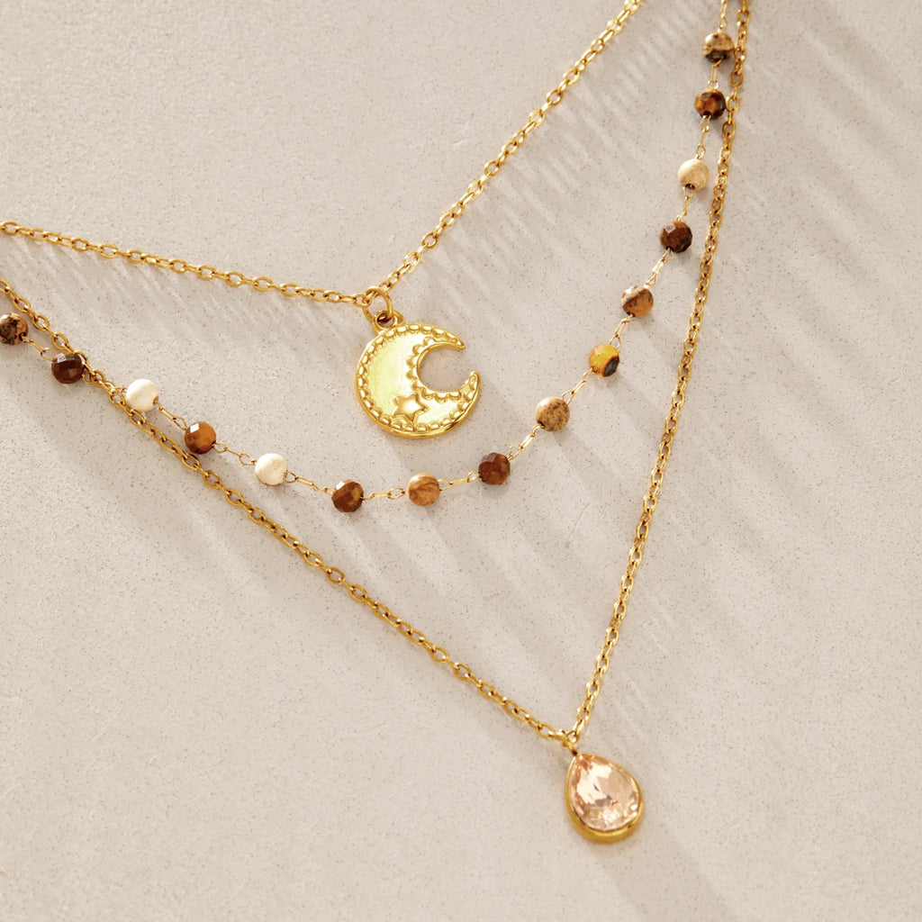 KIKA Natural Stone Beads Moon Water Drop Pendant Necklace For Women 18K Gold Plated Stainless Steel 316L