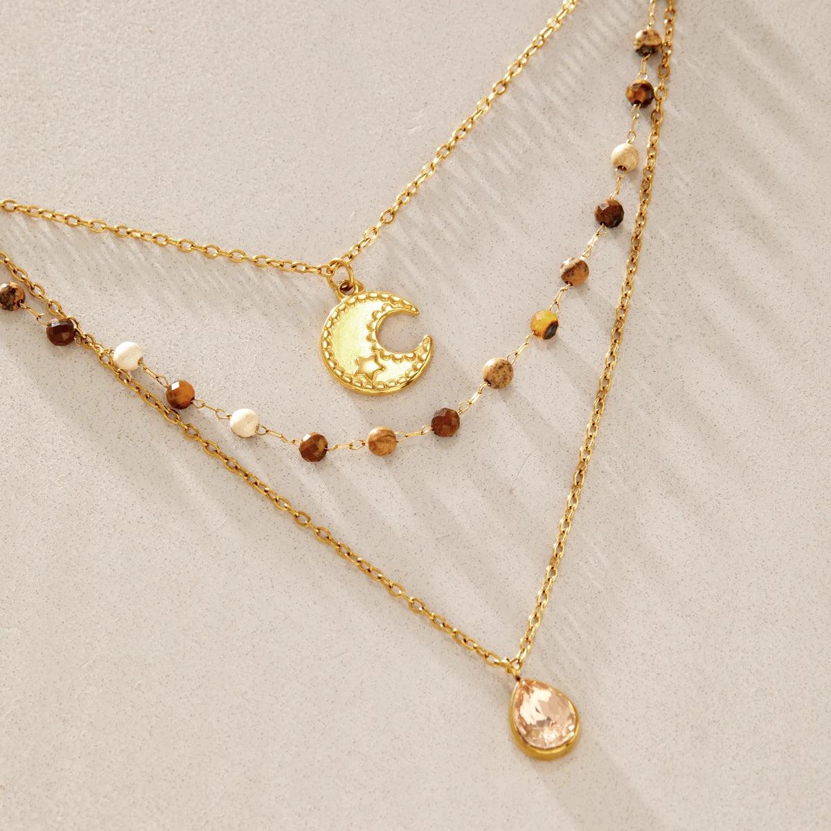 KIKA Natural Stone Beads Moon Water Drop Pendant Necklace For Women 18K Gold Plated Stainless Steel 316L