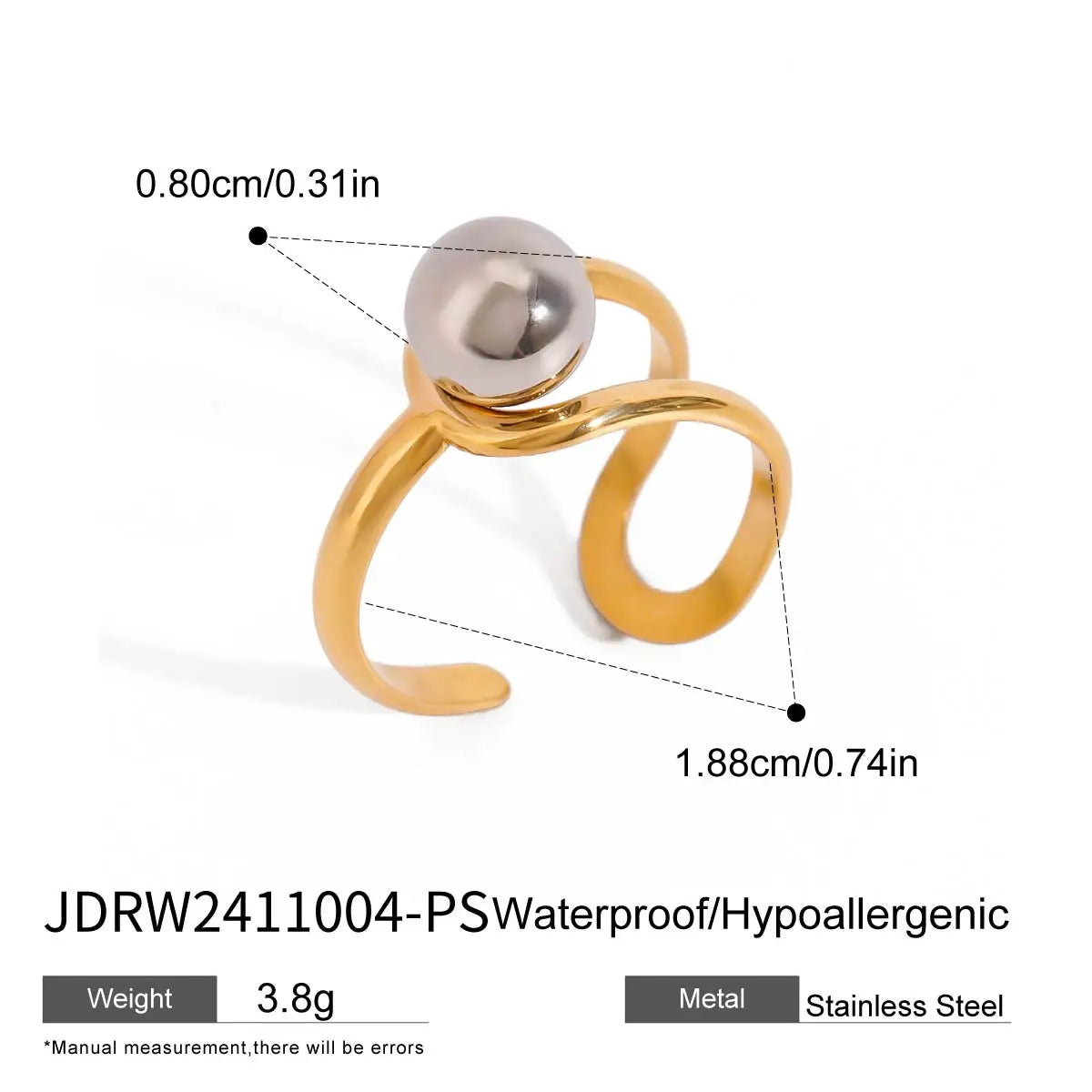 KIKA Minimalist 18k Gold Color PVD Plated Stainless Steel 316L Double tone Line Hollow Steel Ball Ring Personality Statement Stackable