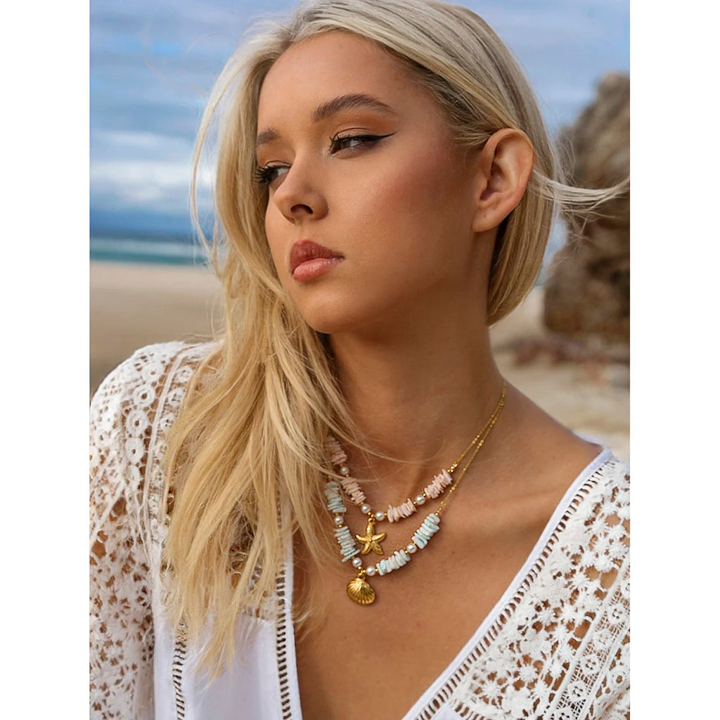 Kika Vacation Style Ocean Series Shell Starfish ImitationPearl Necklace