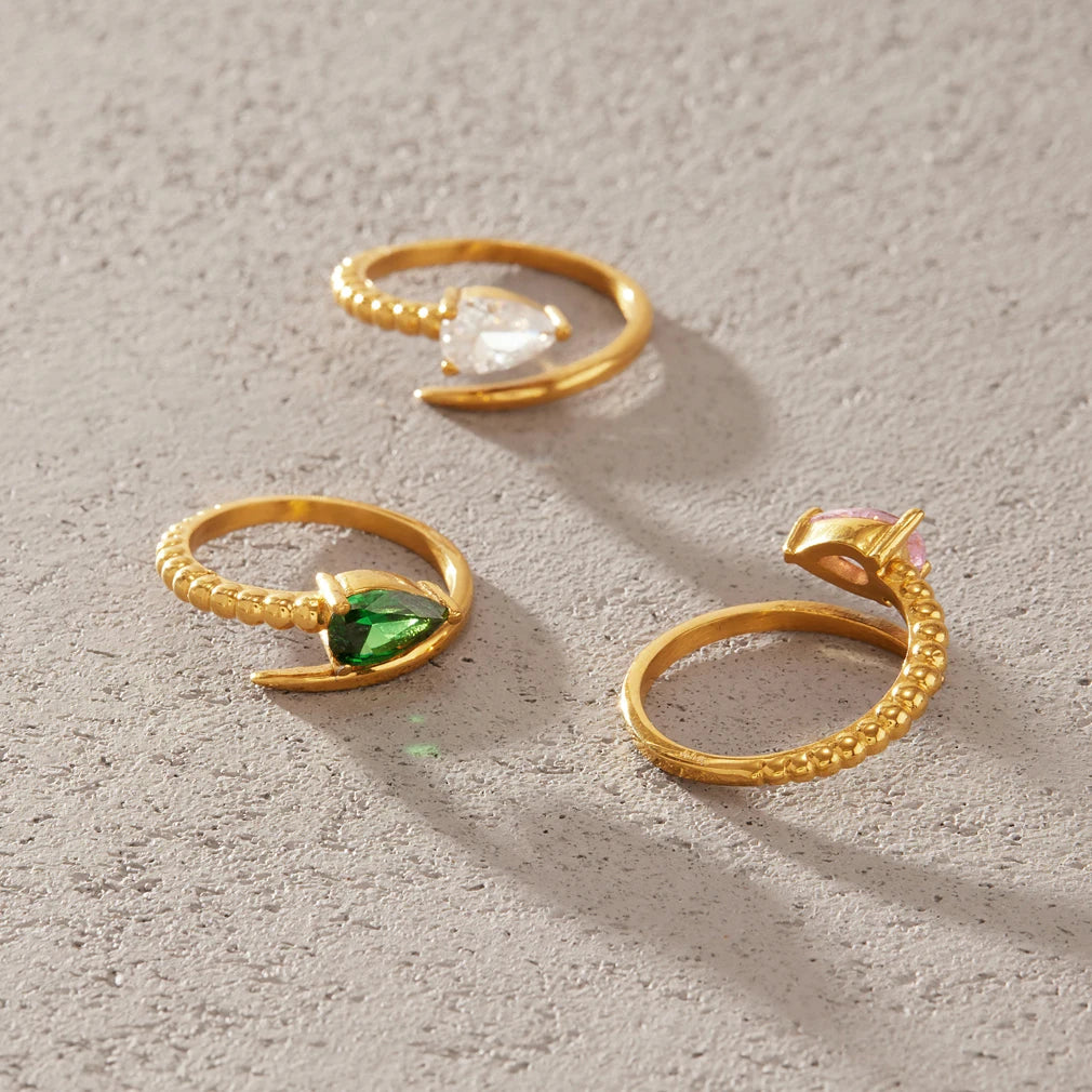 KIKA Water Drop Zircon Snake Shape Open Rings 18K Gold PVD Plated Stainless Steel 316L
