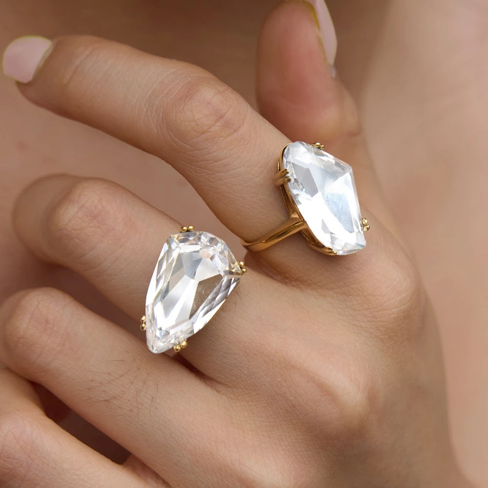 KIKA Chunky Big Crystal Glass Stone Rings PVD Plated Stainless Steel 316L