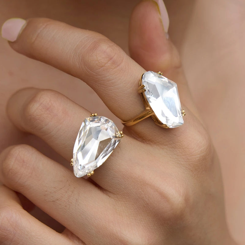 KIKA Chunky Big Crystal Glass Stone Rings PVD Plated Stainless Steel 316L