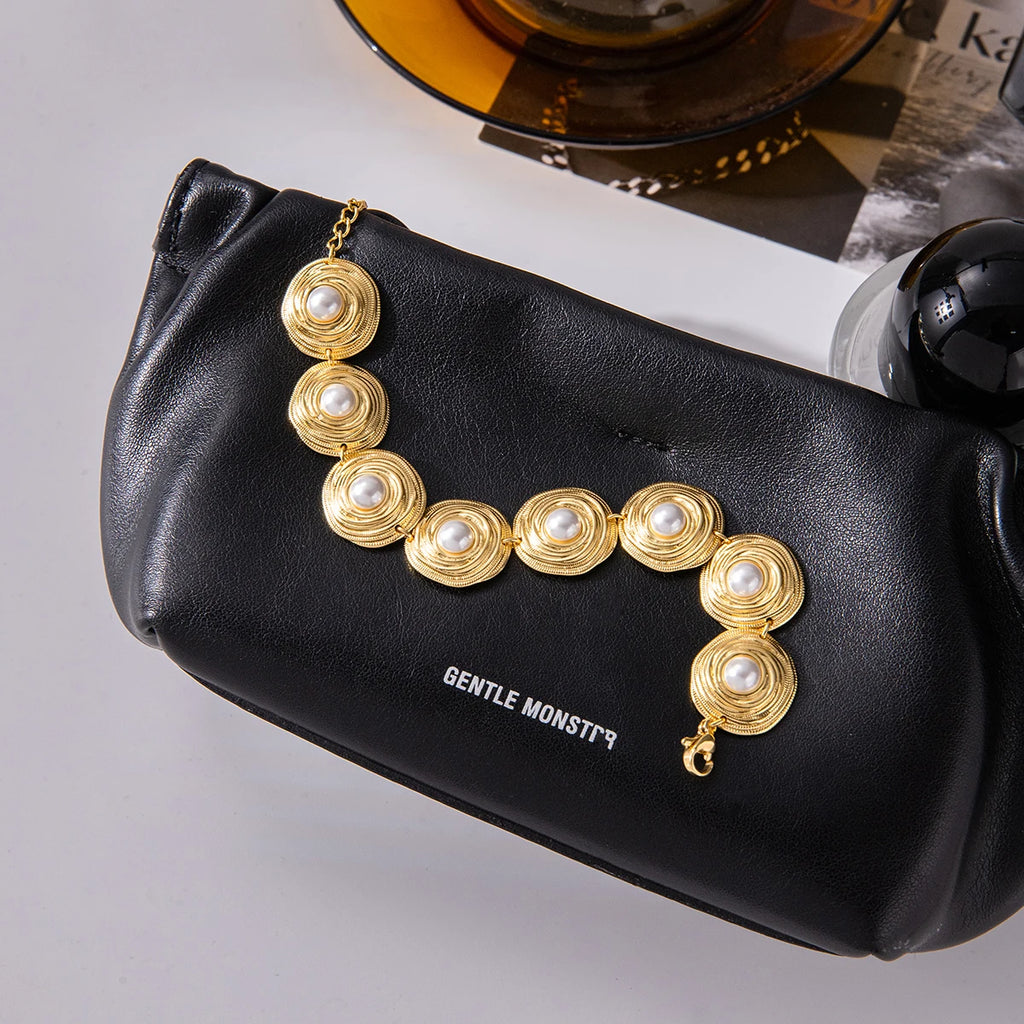 Kika Elegant Classic Minimalist 18K Gold Color Plated Inlay High Brightness Pearl Circular Bracelets