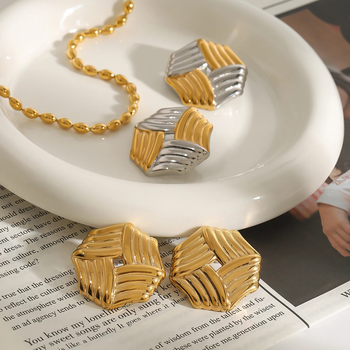 Kika Minimalist 18k Gold Color Stainless Steel Ribbed Geometric Ear Studs