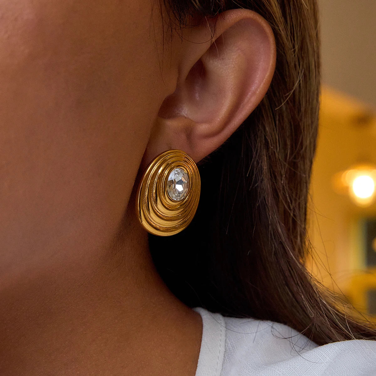 Kika Minimalist 18K Gold Color Plated Stainless Steel Round White Zircon Ribbed Round Ear Studs