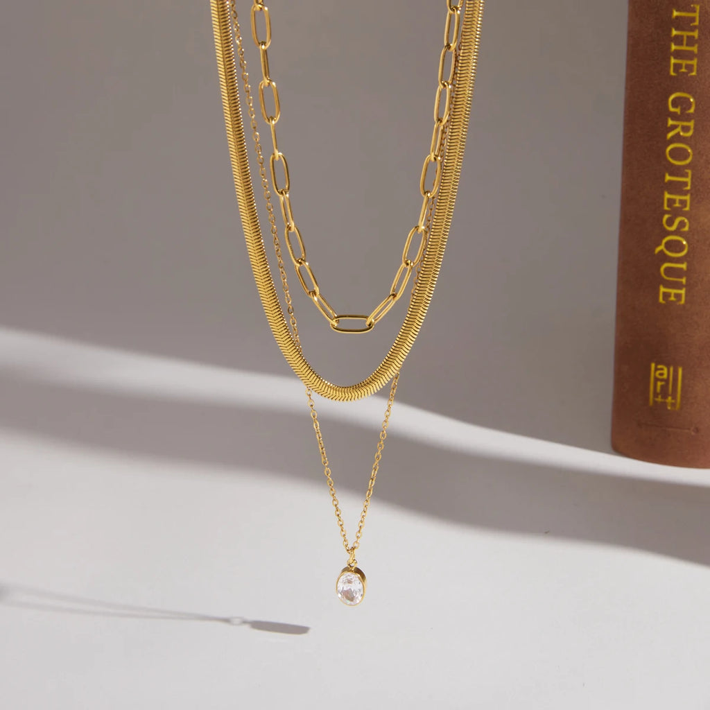 Kika Delicate Three Layer Snake Bone Paperclip Chain Necklace