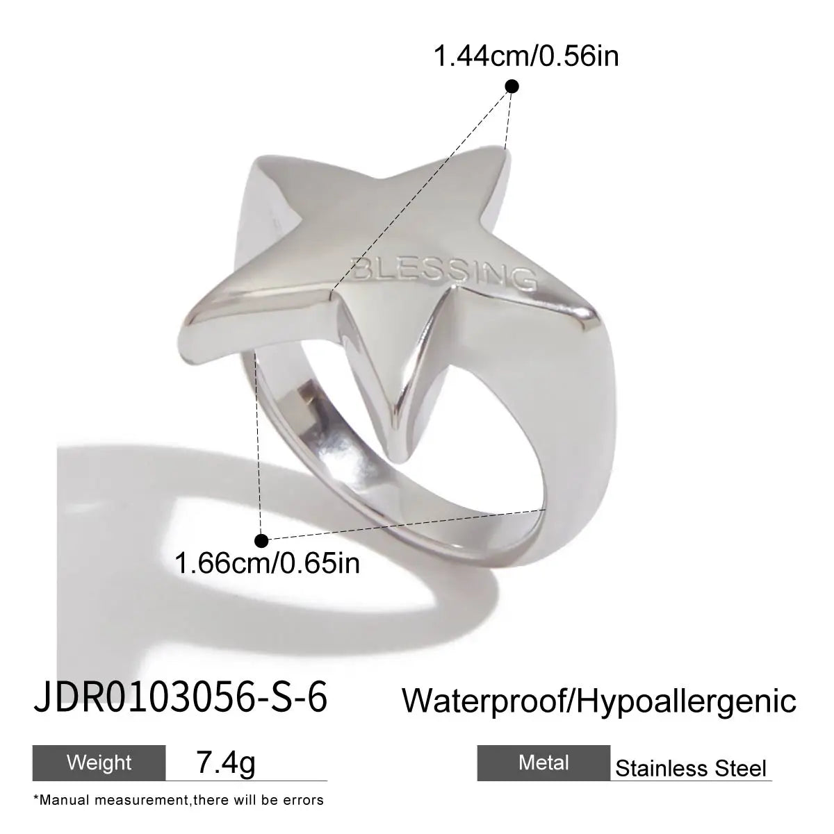 Simple Classic BLESSING Smooth Pentagram Ring Stainless Steel 316L Star