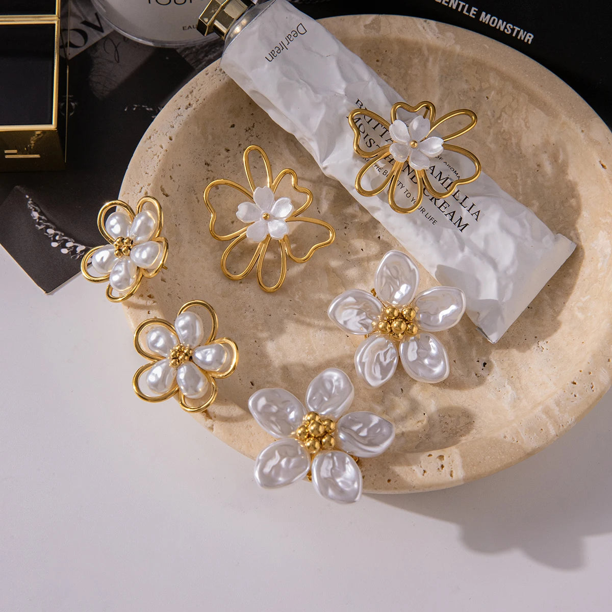 KIKA Vintage Elegant 18K Gold Color PVD Plated Stainless Steel 316L Resin Pearl Zircon Maple Leaf Earrings