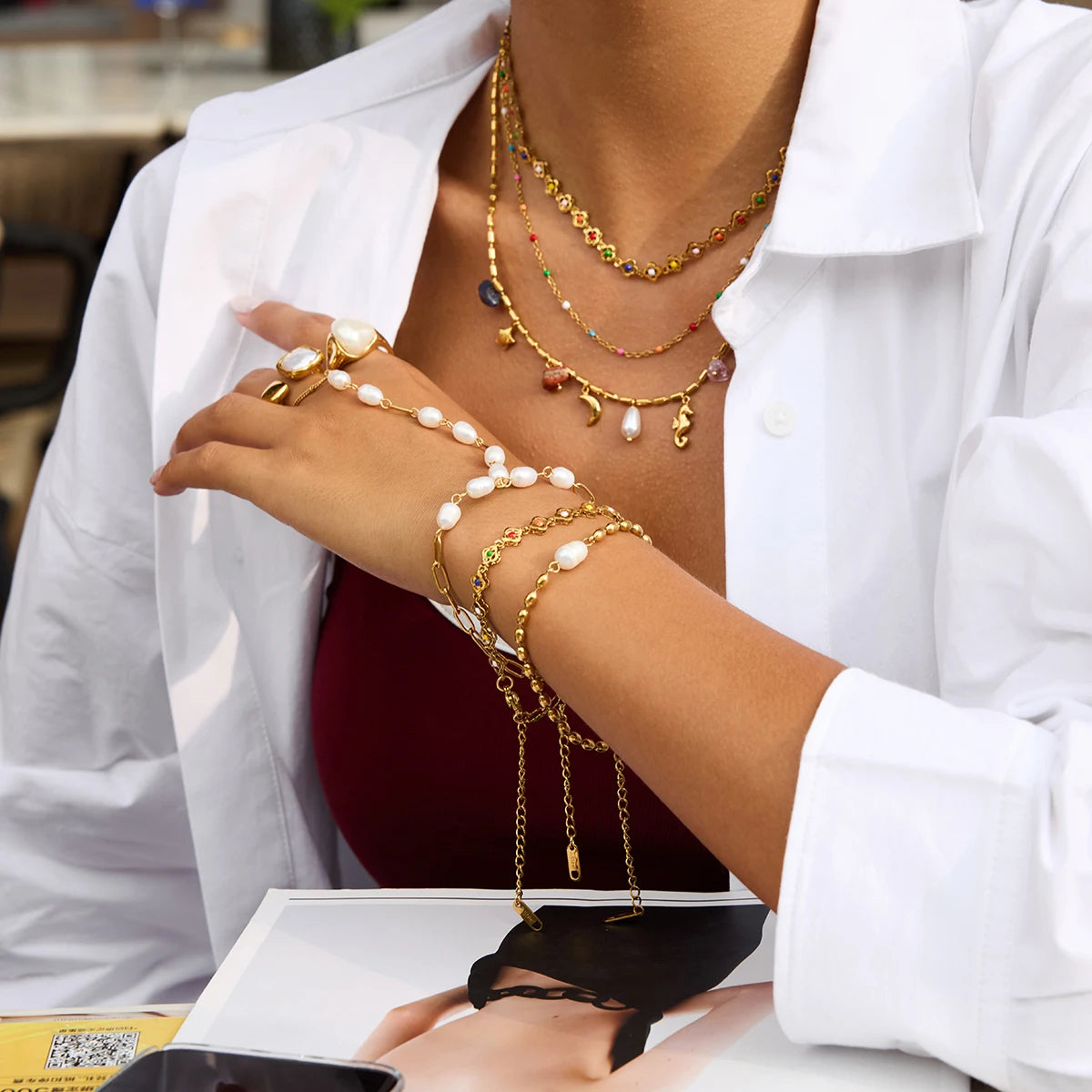 Kika Freshwater Pearl Chain with Fingers Stackable Chain Bracelet