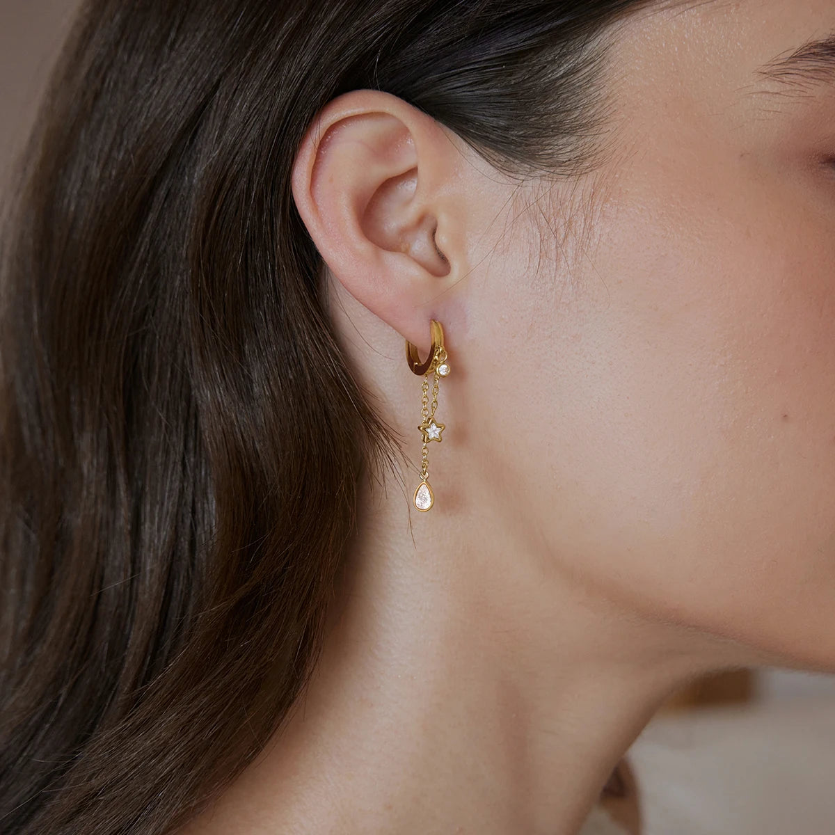 KIKA Round Star Water Drop Zircon Earrings  18K Gold Plated Stainless Steel 316L