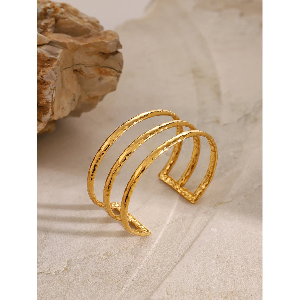 KIKA Stainless Steel Statement Gold Color Cuff Bracelet Bangle Metal Texture Multi-Layer Temperament Waterproof Jewelry