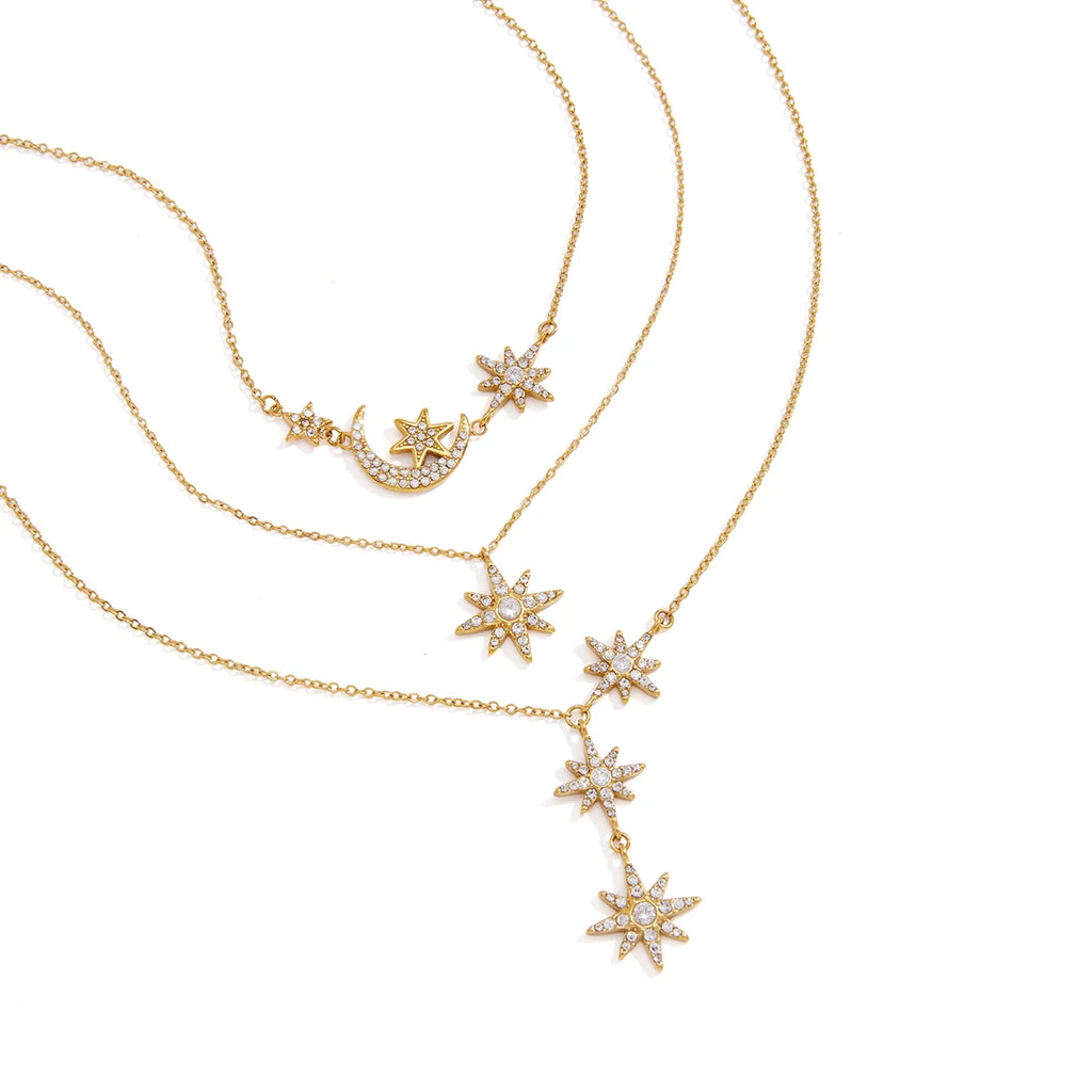 Kika Classic Crystal Moon Star Pendant Necklace Minimalist 18K Gold Plated Stainless Steel 316L