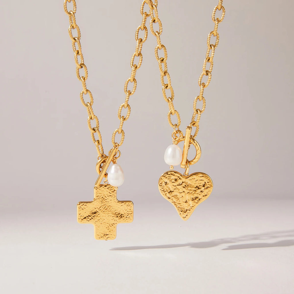 Kika Vintage Hammer Cross Freshwater Pearl Pendant Necklace