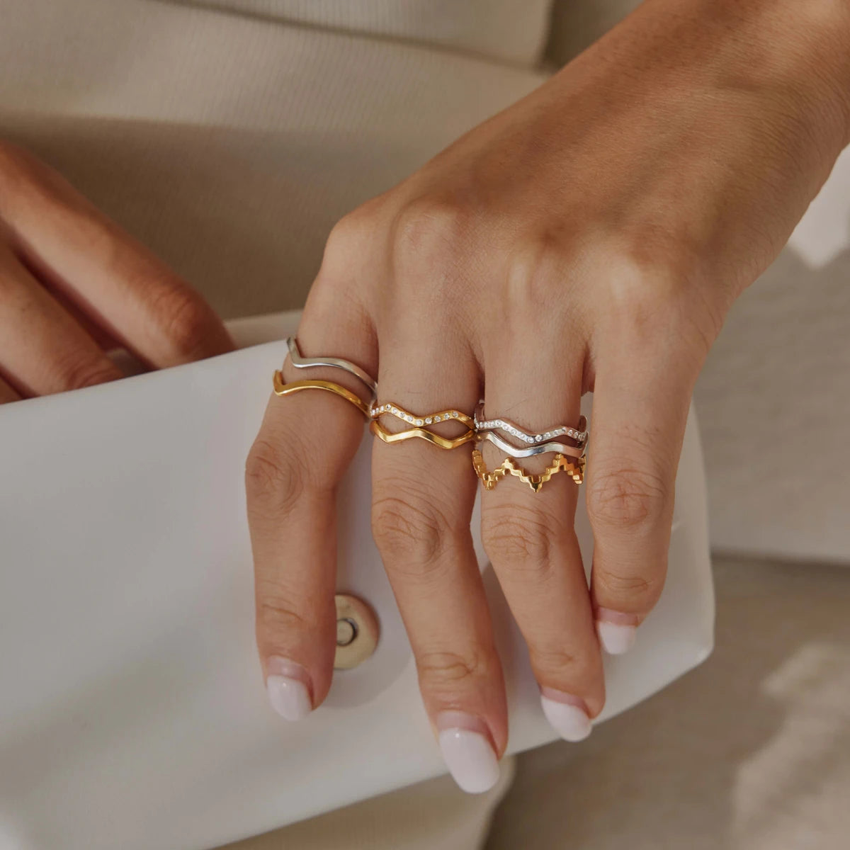 KIKA 2 Pcs/Set Zircon Wave Shape Rings For Women Minimalist 18K Gold PVD Plated Stainless Steel Rings Fashion Jewelry Gift