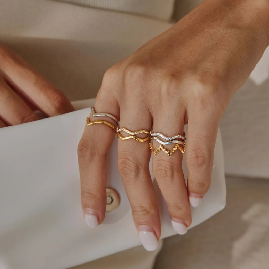 KIKA 2 Pcs/Set Zircon Wave Shape Rings For Women Minimalist 18K Gold PVD Plated Stainless Steel Rings Fashion Jewelry Gift