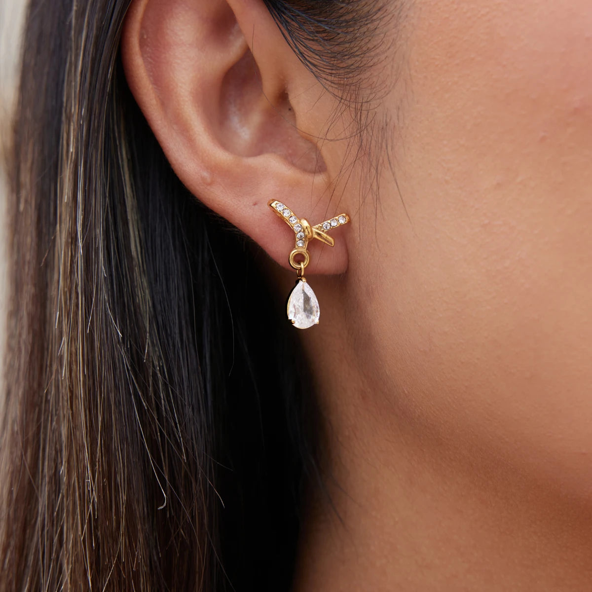 Kika Water Drop Zircon Pendant Bowknot Earrings 18K Gold PVD Plated Stainless Steel 316L