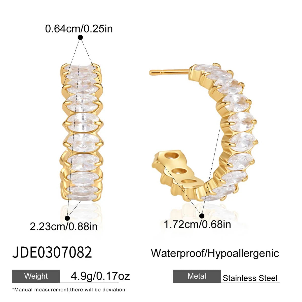Kika Iced Out Geometric Zircon C Shape Stud Earrings 18K Gold Plated Stainless Steel 316L