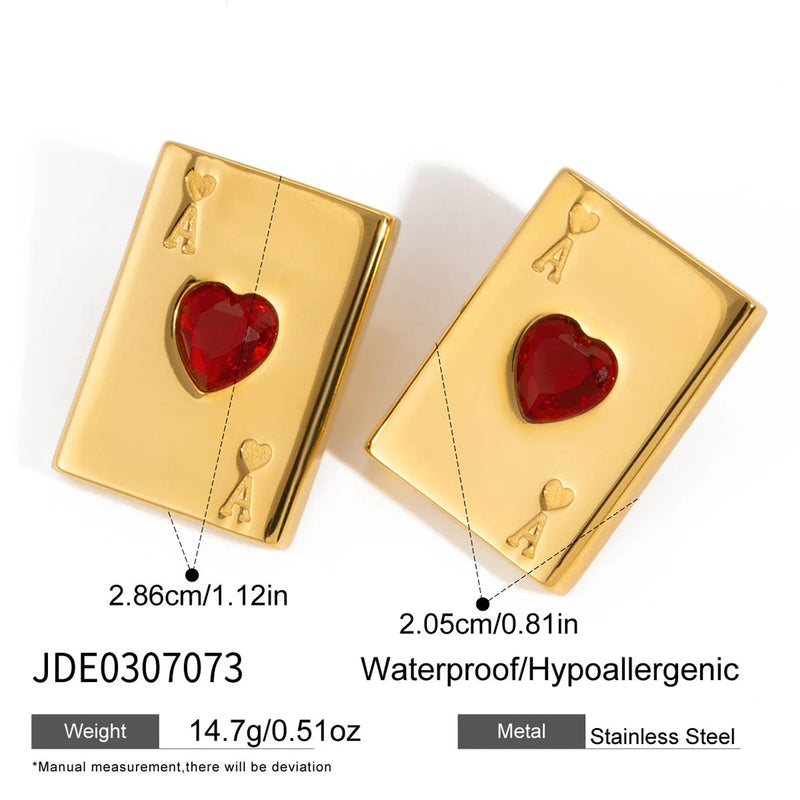 KIKA Fashion Vintage Heart Shaped Red Zircon Poker Ear Studs PVD Plated Stainless Steel Red Peach Wealthy