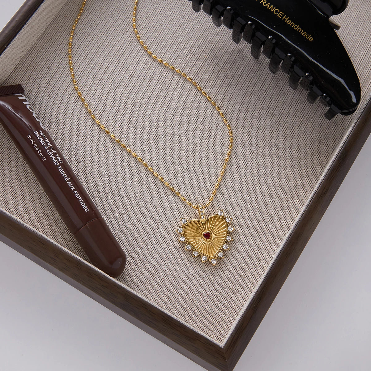 Red Rhinestone Ribbed Heart-Shaped Pendant Necklace Stainless Steel