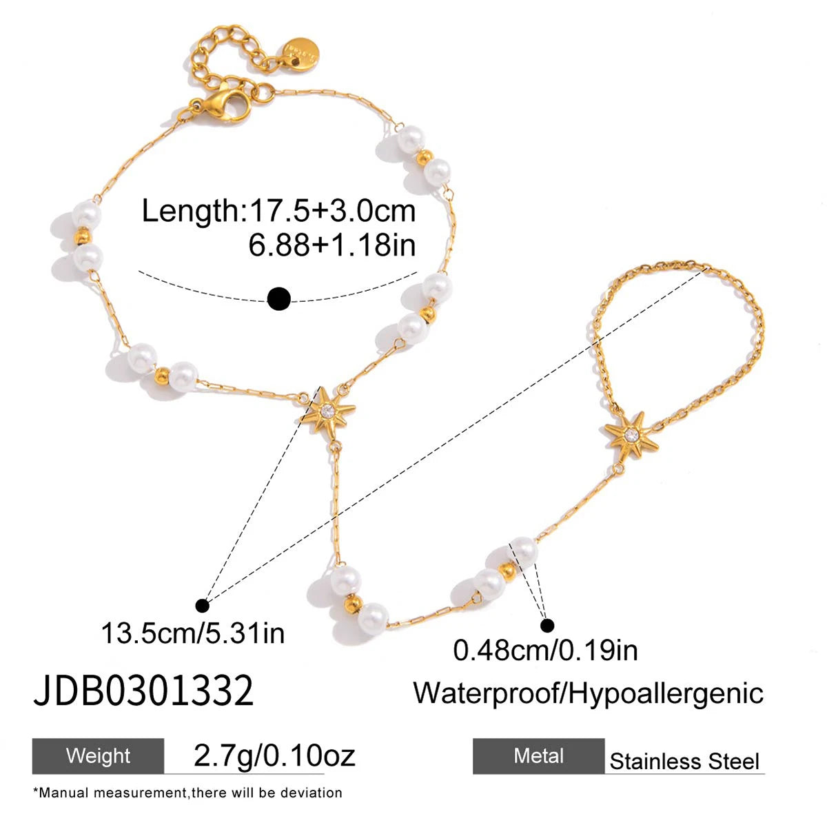 Kika Delicate Acrylic Pearl Bracelet With White Zircon Sun Pattern Connected Fingers Chain