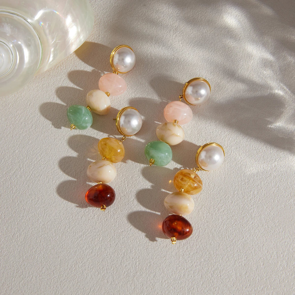 Kika Delicatecolored Brown Series Dyed Resin Glass Pearl Tassel Earrings