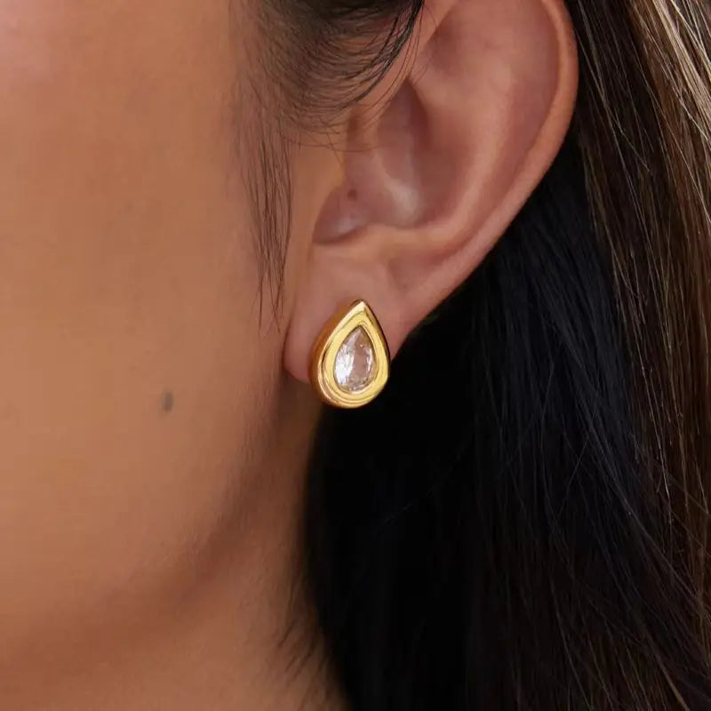KIKA Classic Water Drop Zircon Stud Earrings 18K Gold PVD Plated Stainless Steel 316L