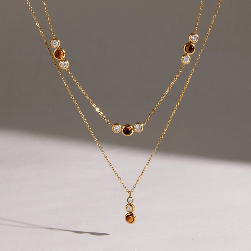KIKA Tiger Eye Stone Zircon Pendant Necklace For Women Minimalist 18K Gold PVD Plated Stainless Steel 316L