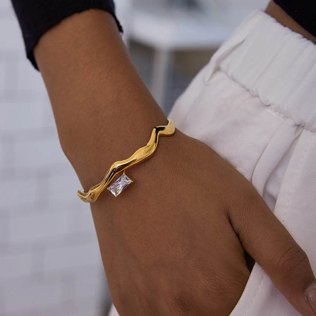 Inlay Square Shape Zircon Wave Open Bracelets