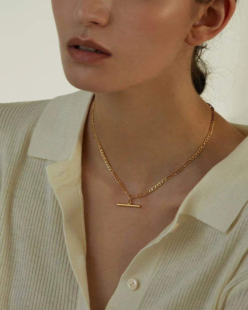 Kika New 18K Gold Color Plating Figaro Cuban Chain T-bar Pendant Necklace