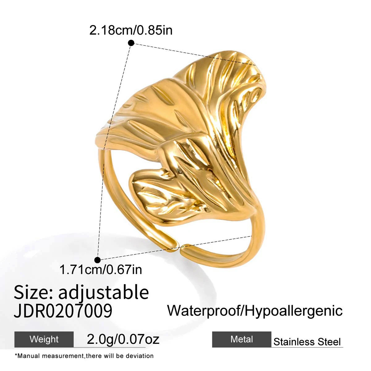 Kika Classic Imitation Pearl Ginkgo Leaf Opening Ring For Women 18K Gold Plated Stainless Steel
