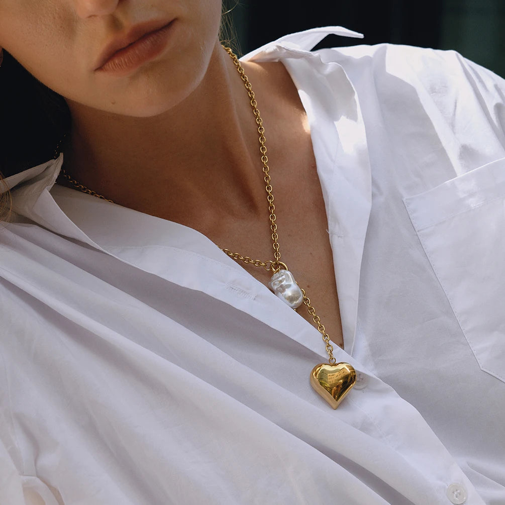 Kika Classic Trendy 18K Gold Color Plated Irregular Pearl Heart Pendant Tassel Y-Shape Necklace