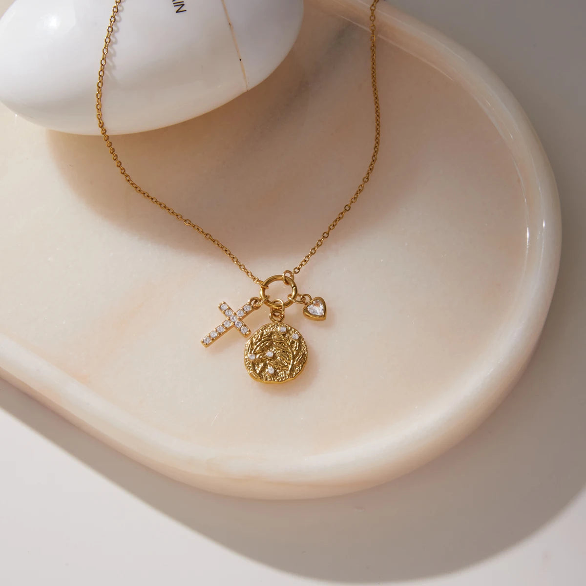 Kika Classic Zircon Cross Heart Coin Pendant Necklace