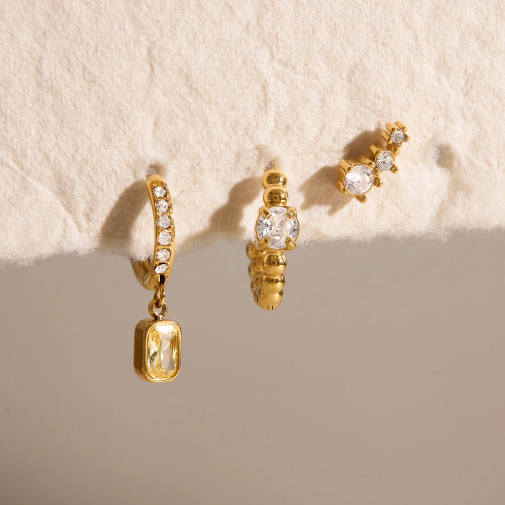 KIKA3 Pcs/Set Geometric Zircon Earrings PVD Gold Plated Stainless Steel316L