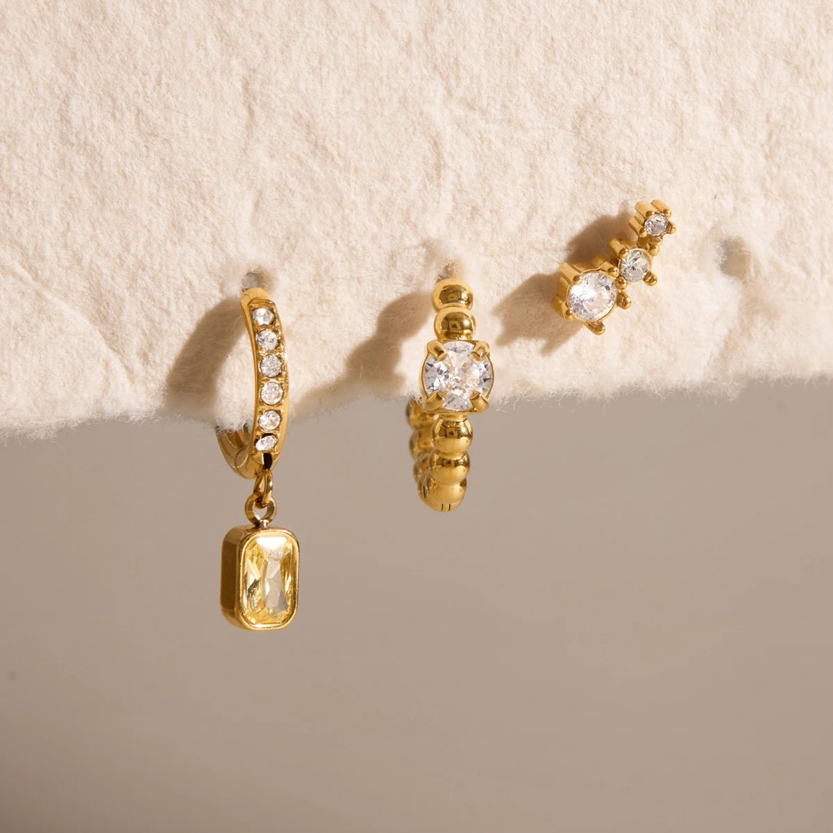 KIKA3 Pcs/Set Geometric Zircon Earrings PVD Gold Plated Stainless Steel316L