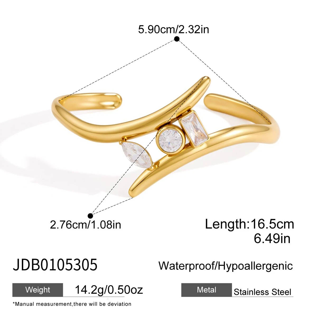 KIKA Geometric Zircon Cuff Bracelet  PVD Plated Stainless Steel 316L