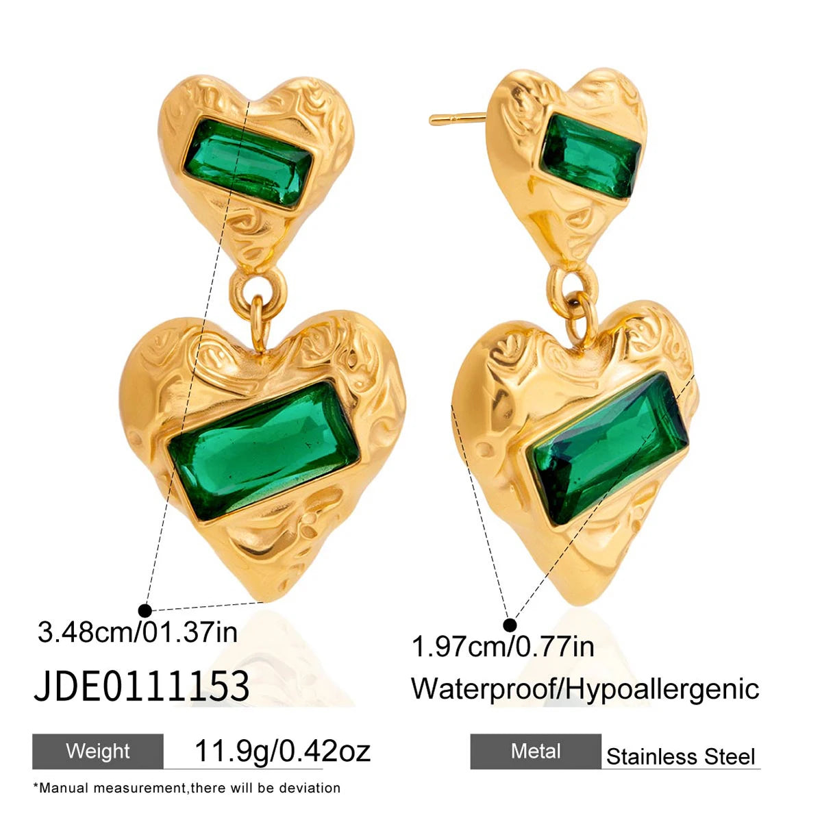 Vintage Square Green Zircon Heart Shape Pendant Earrings
