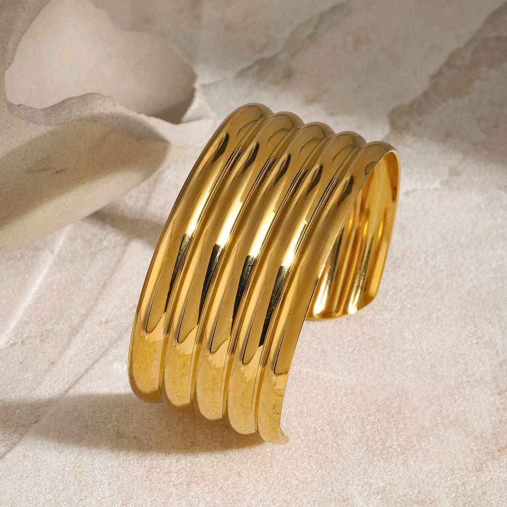 KIKA Luxury Stainless Steel Statement Gold Color Cuff Bracelet Bangle Metal Texture Temperament Fashion Waterproof Jewelry