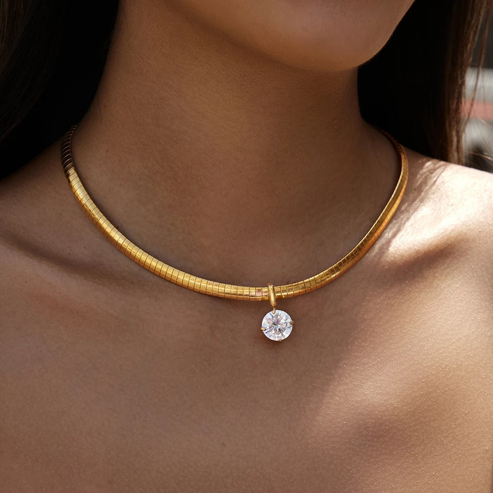 Kika Round Water Drop Zircon Pendant Necklace 18K Gold Plated Stainless Steel 316L