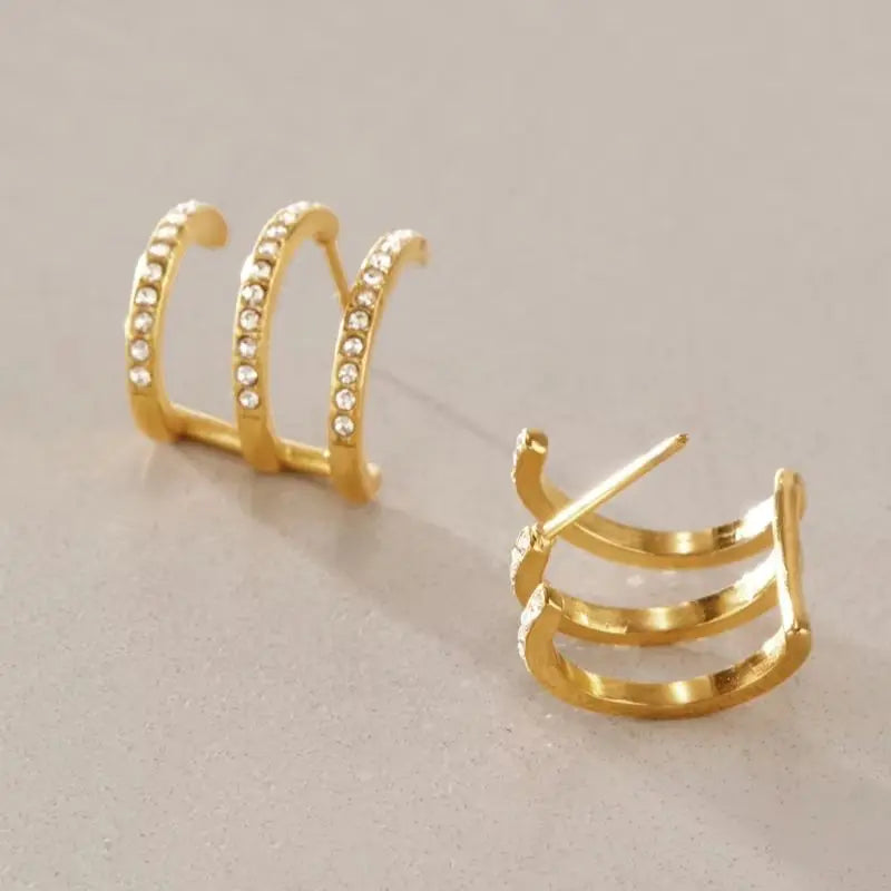 KIKA Multilayer Iced Out Crystal C Shape Stud Earrings For Women 18K Gold Plated Stainless Steel 316L