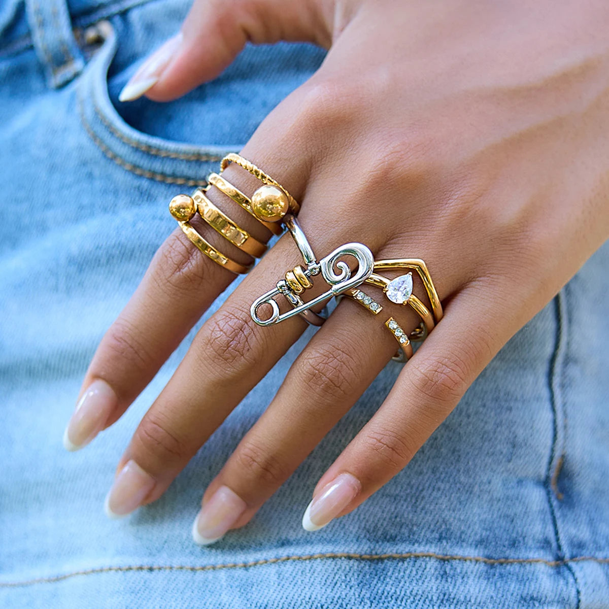 Kika Minimalist 18K Gold Color Plated Stainless Steel Zircon Water Drop Ring V-shaped Stackable
