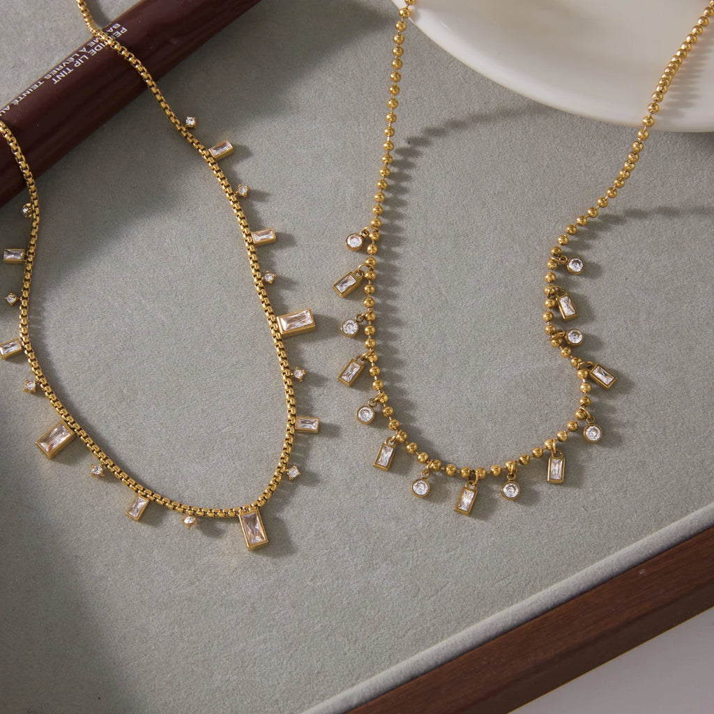 Kika Classic Rectangle Round Clear Zircons Bead Chain Necklace