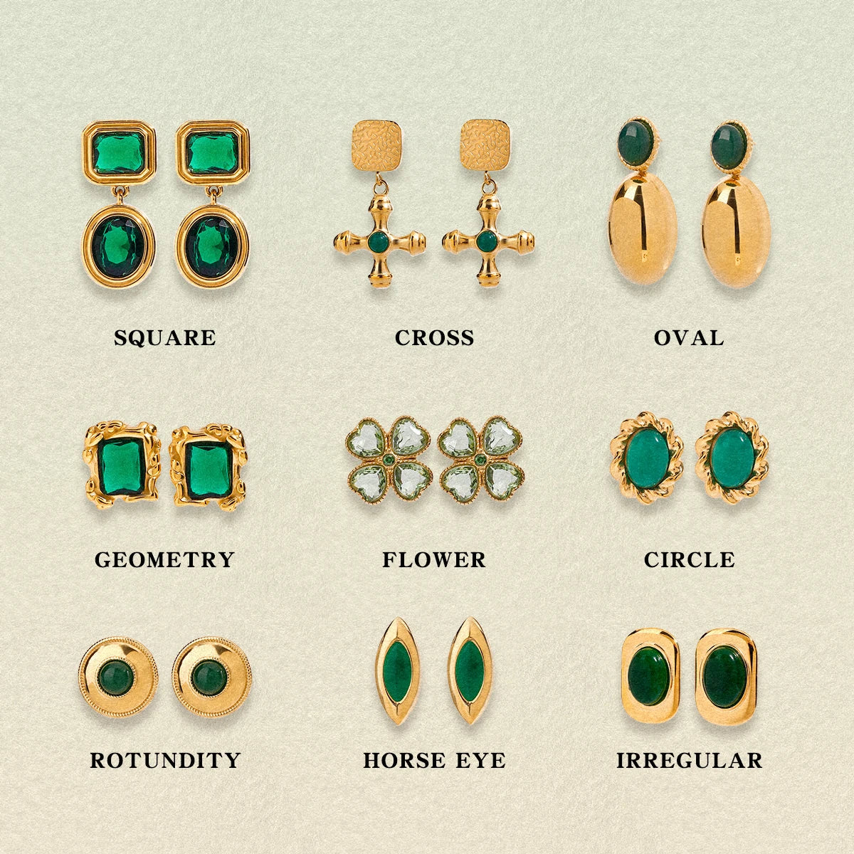 Kika Retro 18K Gold Color Stainless Steel Green Zircon Geometric Earrings